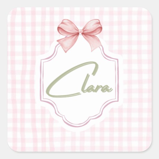 Gepersonaliseerde Clara Baby Girl Nursery Bow & Gi Vierkante Sticker (Voorkant)
