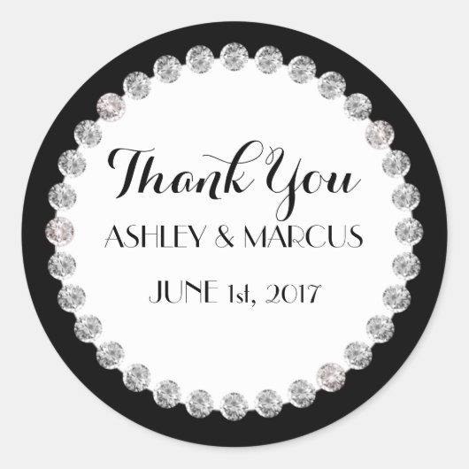 Gepersonaliseerde Classy Bruiloft Zwart & Wit Diam Ronde Sticker (Voorkant)