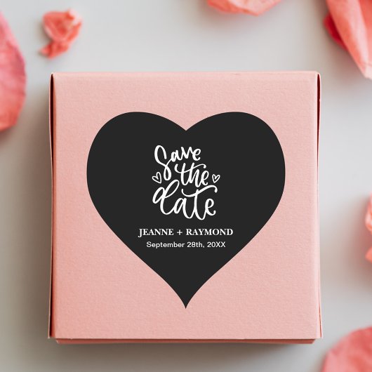Gepersonaliseerde Clean Black Wedding Save the dat Hart Sticker
