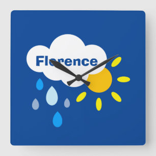 Gepersonaliseerde cloud, regen en zonneschijn vierkante klok