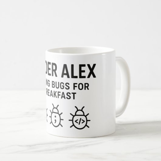 Gepersonaliseerde Coder Coffee Mok – Eten Bugs voo (Voorkant rechts)