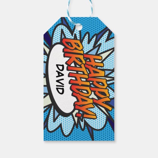 Gepersonaliseerde Comic Book Pop Art HAPPY BIRTHDA Cadeaulabel (Achterkant)