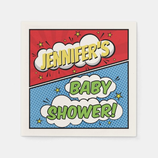 Gepersonaliseerde Comic Book Superhero Baby shower Servet (Voorkant)