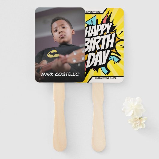 Gepersonaliseerde Comic Happy Birthday Fan Faces Handwaaier (Voorkant en achterkant)