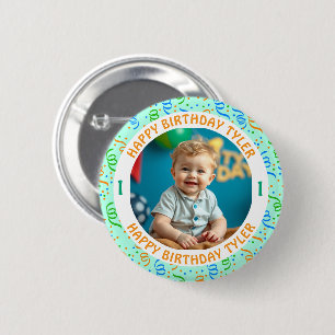 Gepersonaliseerde Confetti foto, naam en leeftijd  Ronde Button 5,7 Cm