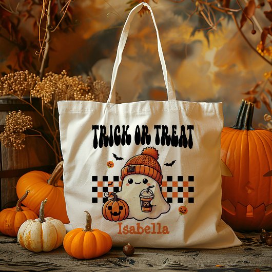 Gepersonaliseerde Cool Retro Ghost Trick or treat Tote Bag