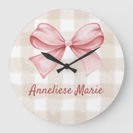 Gepersonaliseerde Coquette Bow en Beige Gingham Grote Klok (Voorkant)