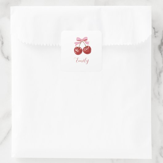 Gepersonaliseerde Coquette Cherry Bow Naam Vierkante Sticker (Tas)