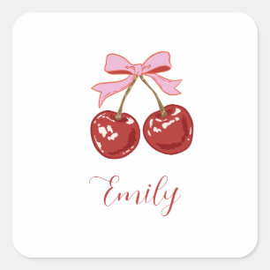 Gepersonaliseerde Coquette Cherry Bow Naam Vierkante Sticker