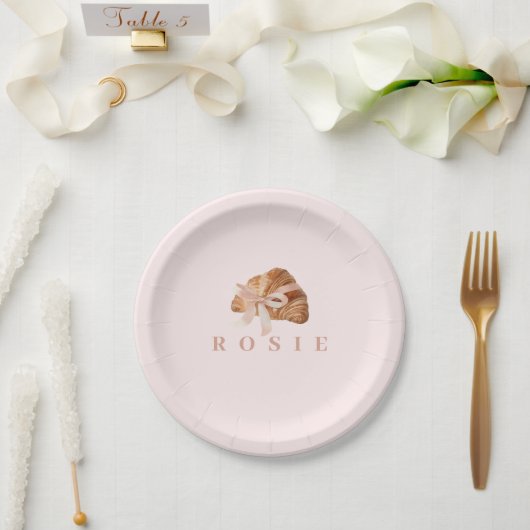 Gepersonaliseerde Coquette Croissant Roze Lint Papieren Bordje (Huwelijk)