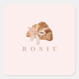Gepersonaliseerde Coquette Croissant Roze Lint Vierkante Sticker