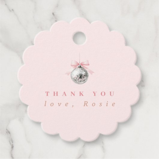 Gepersonaliseerde Coquette Disco Bal Roze Lint Bedankjes Labels (Voorkant)