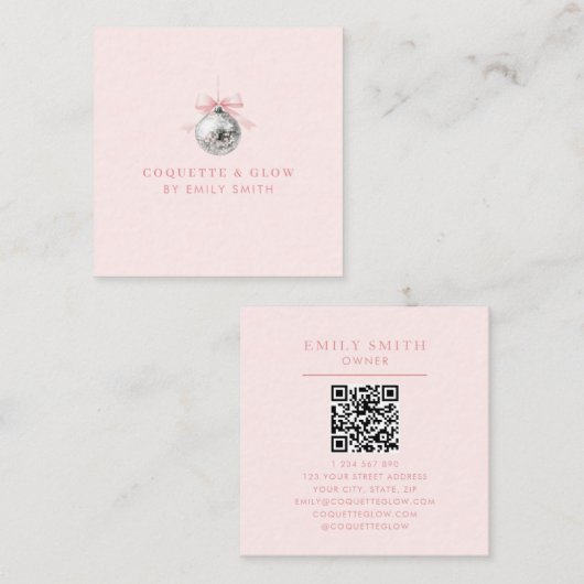 Gepersonaliseerde Coquette Disco Bal Roze Lint Vierkante Visitekaartje (Voorkant / Achterkant)