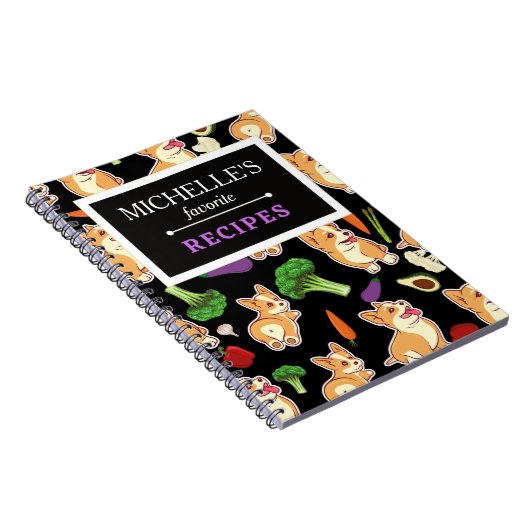 Gepersonaliseerde Corgi en Food Pattern Black Notitieboek (Rechterzijde)