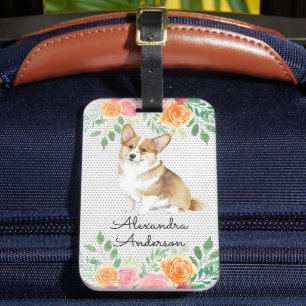 Gepersonaliseerde Corgi Puppy Waterverf Bloemen Bagagelabel