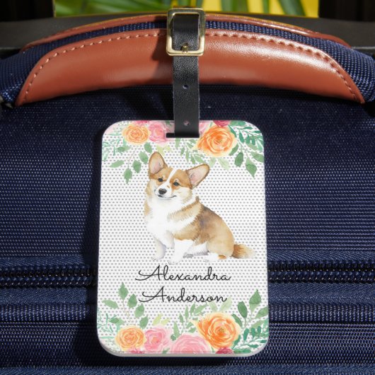 Gepersonaliseerde Corgi Puppy Waterverf Bloemen Bagagelabel (Voorkant Insitu 2)