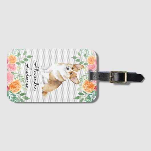 Gepersonaliseerde Corgi Puppy Waterverf Bloemen Bagagelabel (Voorkant (horizontaal))