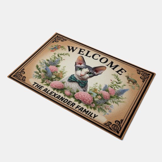 Gepersonaliseerde Cornish Rex Cat, Floral Chic Wel Deurmat (Schuin)