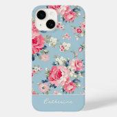 Gepersonaliseerde Cottage Roze Rozen op blauwe ach Case-Mate iPhone Case (Achterkant)