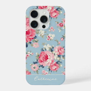 Gepersonaliseerde Cottage Roze Rozen op blauwe ach iPhone 15 Pro Case