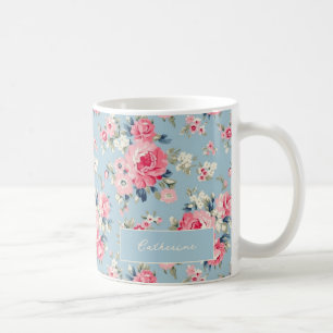 Gepersonaliseerde Cottage Roze Rozen op blauwe ach Koffiemok