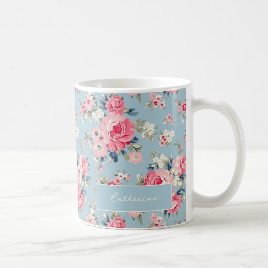 Gepersonaliseerde Cottage Roze Rozen op blauwe ach Koffiemok (Rechts)