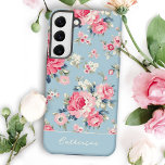 Gepersonaliseerde Cottage Roze Rozen op blauwe ach Samsung Galaxy Hoesje<br><div class="desc">Elegant en romantisch naadloos bloemmotief met huisstijl pastel roze rozen met witte en roze wilde bloemen op lichtblauwe achtergrond. Inclusief optioneel effen element en bewerkbaar tekstveld.</div>