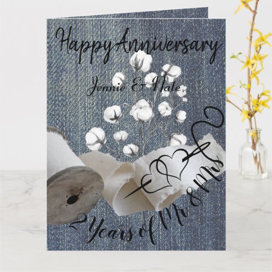 Gepersonaliseerde Cotton 2e jaar bruiloft Jubileum Kaart (Gele Bloem)