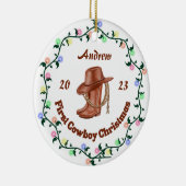 Gepersonaliseerde Cowboy Baby Eerste Kerstmis Keramisch Ornament (Rechts)
