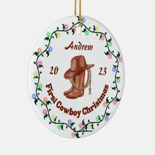 Gepersonaliseerde Cowboy Baby Eerste Kerstmis Keramisch Ornament (Rechts)