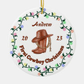 Gepersonaliseerde Cowboy Baby Eerste Kerstmis Keramisch Ornament (Voorkant)