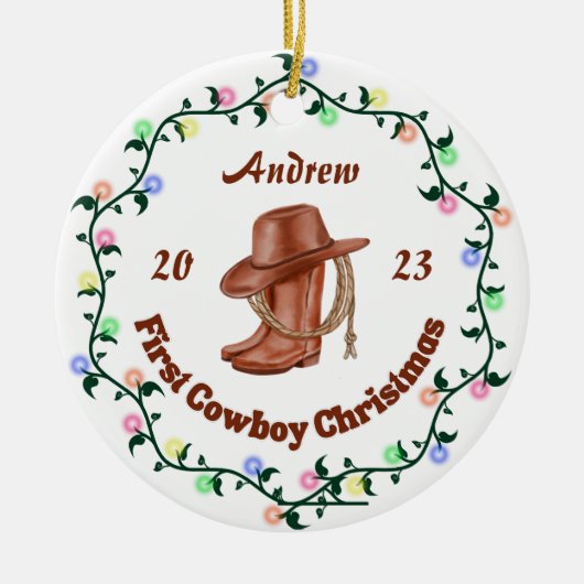 Gepersonaliseerde Cowboy Baby Eerste Kerstmis Keramisch Ornament (Voorkant)