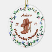 Gepersonaliseerde Cowboy Baby Eerste Kerstmis Keramisch Ornament (Links)