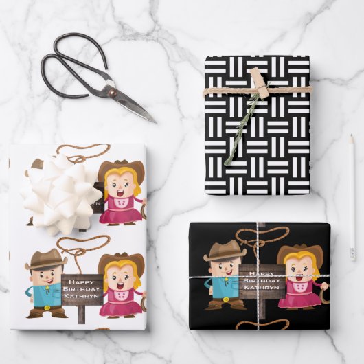 Gepersonaliseerde Cowgirl & Cowboy Inpakpapier Vel (Voorkant)