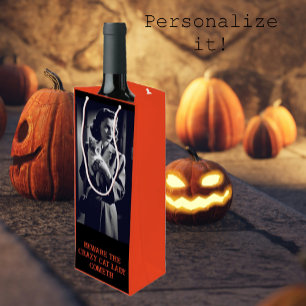 Gepersonaliseerde Crazy Cat Lady Halloween Wijn Cadeautas