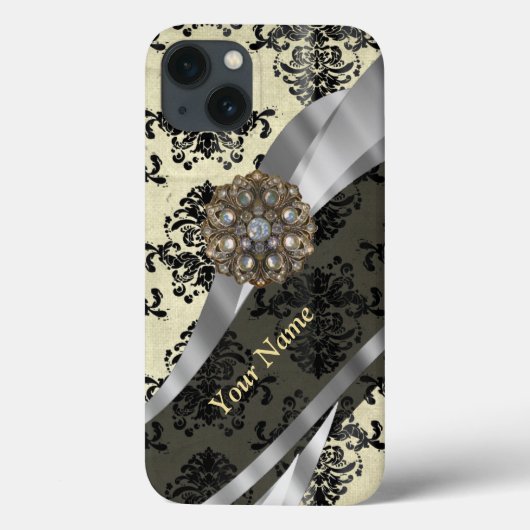 Gepersonaliseerde crème en zwarte damast Case-Mate iPhone case (Achterkant)