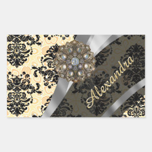 Gepersonaliseerde crème girly damast patroon rechthoekige sticker