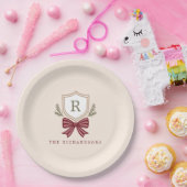 Gepersonaliseerde Crest Bow Monogram Kerstfeest Papieren Bordje (Feest)