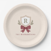 Gepersonaliseerde Crest Bow Monogram Kerstfeest Papieren Bordje (Voorkant)