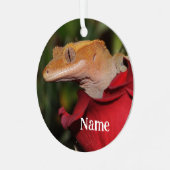 Gepersonaliseerde Crested Gecko Lizard op een Roos Metalen Ornament (Voorkant links)