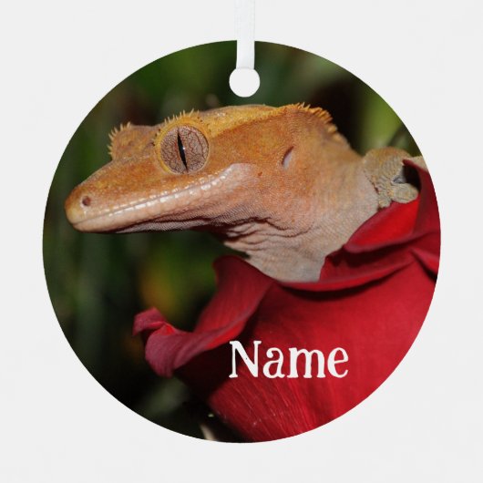 Gepersonaliseerde Crested Gecko Lizard op een Roos Metalen Ornament (Voorkant)