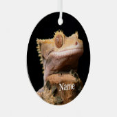 Gepersonaliseerde Crested Gecko Lizard op zwart Metalen Ornament (Voorkant Rechts)