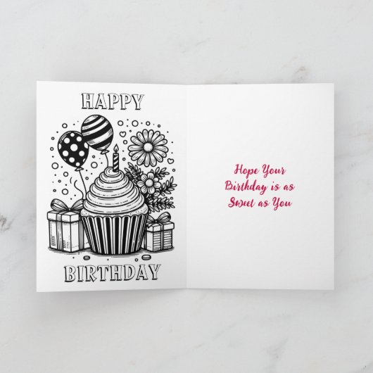 Gepersonaliseerde Cupcake en Kleurplaat Verjaardag Kaart (Binnen)