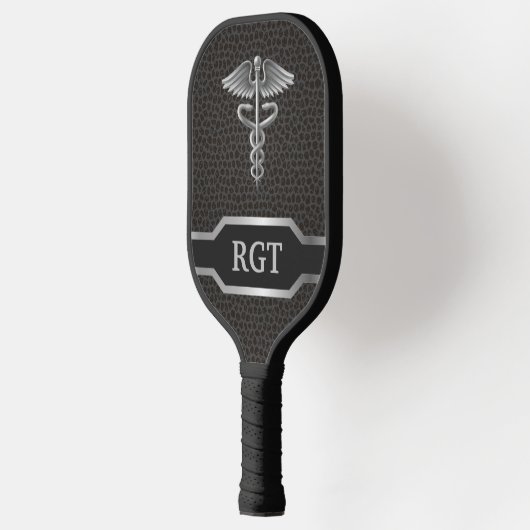 Gepersonaliseerde Custom Caduceus Zwart & Zilver Pickleball Paddle (Links)