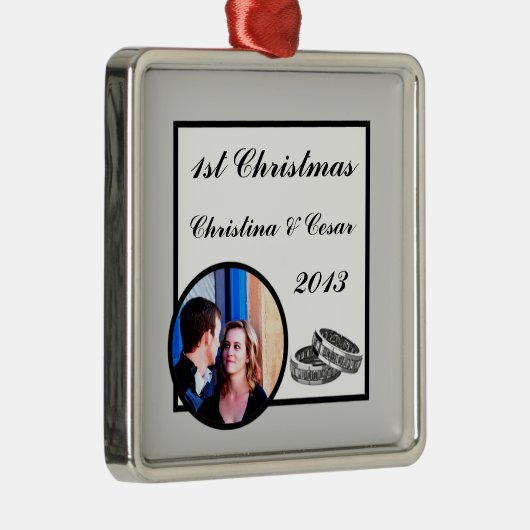 Gepersonaliseerde Custom His/Hers Diamond Bruiloft Metalen Ornament (Rechts)