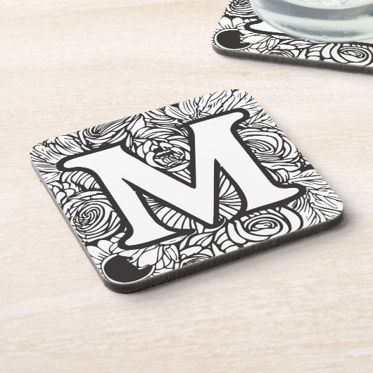 Gepersonaliseerde Custom Monogram Zwart-Wit Flora Bier Onderzetter (Linkerzijde)