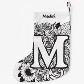 Gepersonaliseerde Custom Monogram Zwart-Wit Flora Kleine Kerstsok (Achterkant)