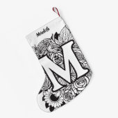 Gepersonaliseerde Custom Monogram Zwart-Wit Flora Kleine Kerstsok (Achterkant (Hangend))