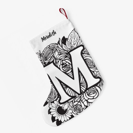Gepersonaliseerde Custom Monogram Zwart-Wit Flora Kleine Kerstsok (Achterkant (Hangend))