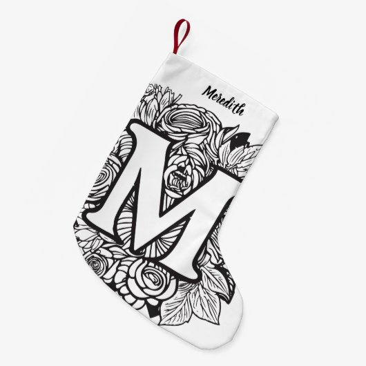 Gepersonaliseerde Custom Monogram Zwart-Wit Flora Kleine Kerstsok (Voorkant (Hangend))